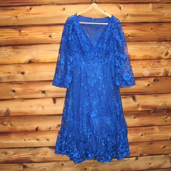 MAC DUGGAL 2051 Blue V-Neck Mesh Puff Sleeve A Line Embellished Tea Length Dress - Picture 5 of 13